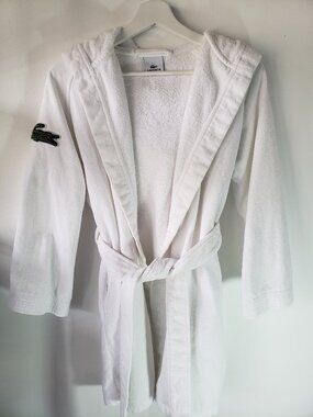 Lacoste White Terry Towel Hooded Robe w/ Iconic Crest Logo on Sleeve